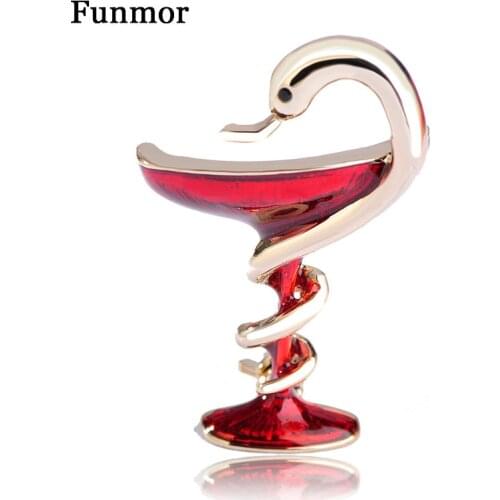 Funmor Enamel Esmalte Snake With Cup Brooches Metal Alloy Red Trophy Memorial Cup Brooch Animal Clubs Badge Gift For Kids Pins