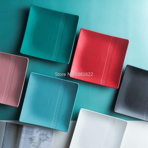 8 Inches Japanese Square Flat Ceramic Plate Solid Diamond Strip Porcelain Dinner Plate Steak Sushi Fruit Tray Pasta Snack Dish