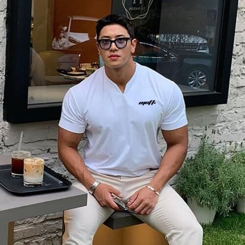 New Summer Brand Gym Clothing Fitness Mens Running t shirt men V-neck t-shirt cotton bodybuilding Sports tee shirts men t shirt