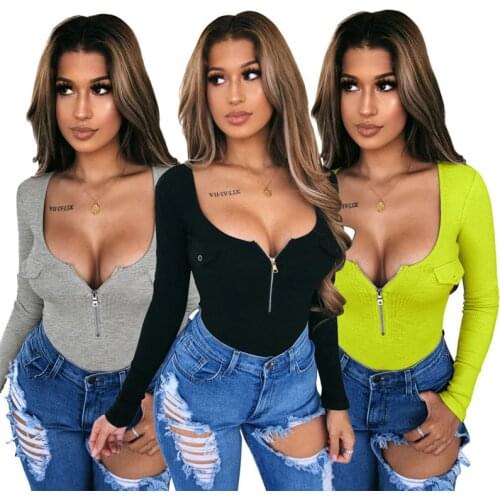 IMucci Front Zipper Design Sexy Bodysuit Women Solid Long Sleeve Slim Woman Tops O Neck Thicken Pocket Decoration Female Clothes