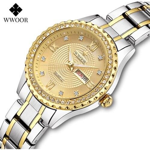 WWOOR Classic Dress Watch For Women Fashion Luxury Diamond Ladies Quartz Wrist Watches Female Gold Bracelet Clock Gift For Women
