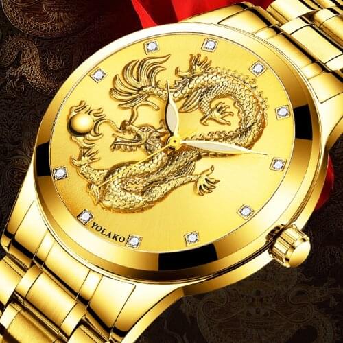Fashion Mens Stainless Steel Watches Luxury Men Golden Dragon Sculpture Quartz Wristatch Male Business Casual Watch Reloj Hombre