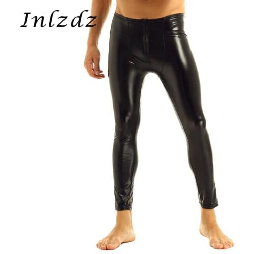 Mens Erotic Lingerie Pants Patent Leather Zipper Bulge Pouch Sexy Tight Pants Leggings Trousers Underwear Clubwear Dance Costume