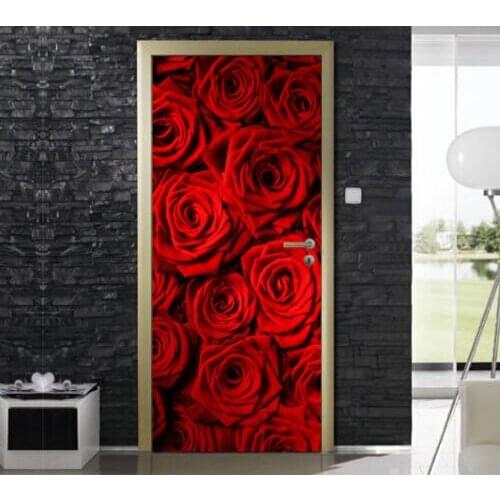 Hot Door Mural Hot Red Rose Door Sticker DIY Self-adhesive Waterproof Wallpaper Poste for Home Decoration Gift