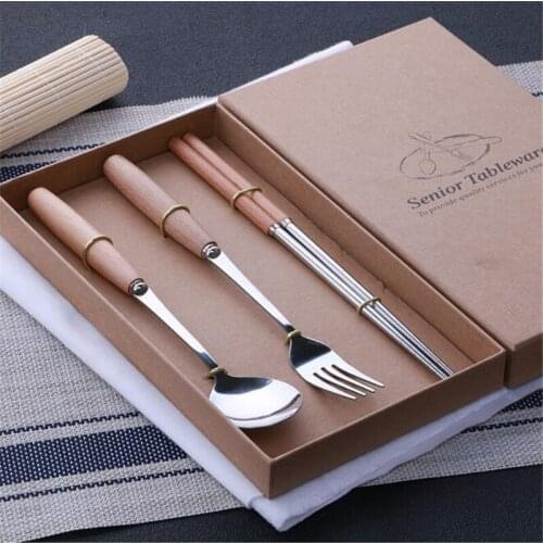 New Dinnerware Sets Kitchen Cutlery Set With Wooden Handle Include Chopsticks Spoon Fork Knife Gift Box Package Dinner Set