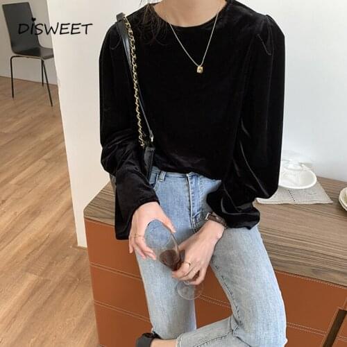 Solid Velvet Shirt Woman Korean Hollow Loose Long-sleeved Shirt Women New Spring Black Slim Top Womens 2021