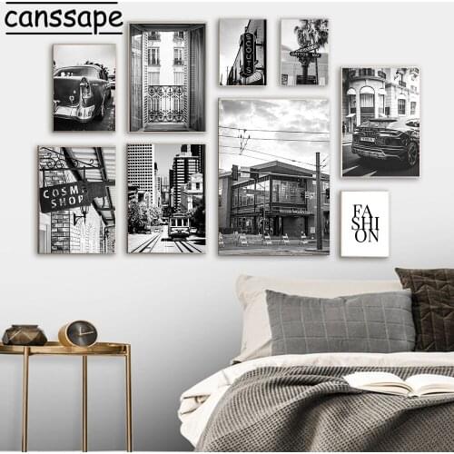 Modern Black And White Building Canvas Painting Car Poster Road Sign Wall Art Print Nordic Posters And Prints Living Room Decor