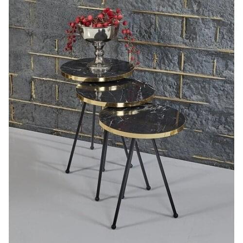 Modern Rupon Home 3 Pcs Zigon coffee table-Black Marble Pattern Gold Pro Metal coffee table table basse