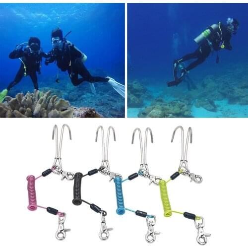 Heavy Duty Scuba Diving Stainless Steel Double Reef Hook with Spiral Coil Lanyard Double Dual Underwater Hook for Water Sports