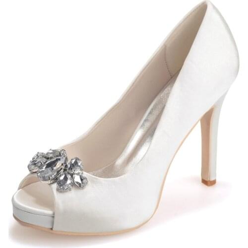 Ladies Elegant Satin Dress Shoes Crystal Charm Open Toe Pumps Banquet Bridal Wedding Party Platform High Heels Prom Cocktail