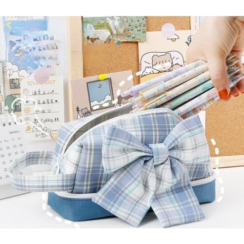 Japanese Large Capacity Double Layer Pencil Case Canvas Student Pink Stationery School Supplies Lattice Pen Case Pencil Case