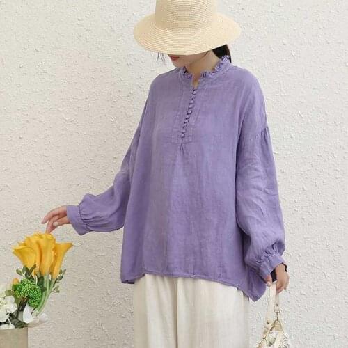 Johnature 2021 New Linen Solid Color Women Blouses Autumn Vintage All Match Thin O-neck Full Sleeve Button Female Shirts