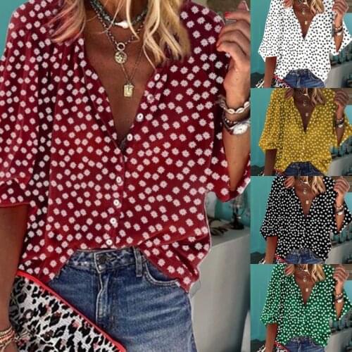 Womens Autumn and Winter New O-neck Print Long-sleeved Womens Shirt Top Polka Dot White Black Yellow Green Womens Tops