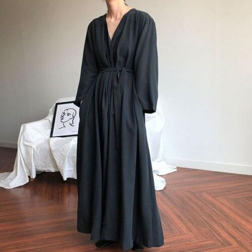 Johnature Women Bandage Solid Color Dresses V-Neck Long Sleeve Robes 2021 Autumn New Loose Women Clothes Vintage Dress