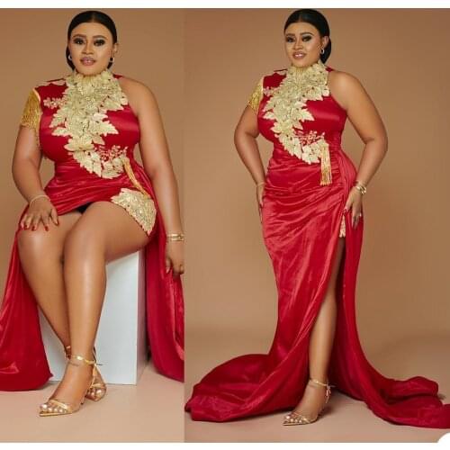 Hot Sale Red Mermaid Trumpet Cocktail Dresses Tassels Applique High Neck Prom Dress Stretchy Party Gowns