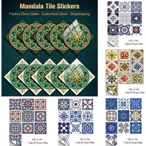 10pcs/set Mandala Tile Pattern Tiles Sticker Kitchen Bathroom Wardrobe Tables Art Mural Home Decor Peel & Stick PVC Wall Decals