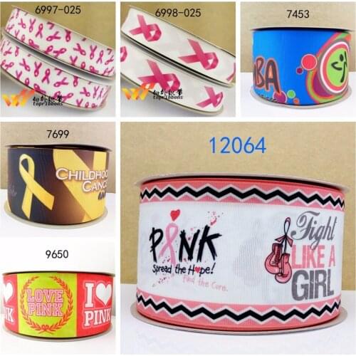 Free shipping 50 yard per size breast cancer ribbon printed grosgrain ribbon 9650