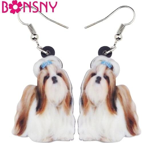Bonsny Acrylic Chinese Shih Tzu Dog Earrings Big Long Dangle Drop Animal Cartoon Jewelry For Women Ladies Teen Cheap Accessories