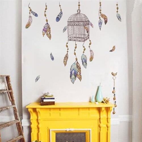 Bird Cage Colorful Feather Wall Stickers Bedroom Office Wall Decoration Indian Style Mural Art Diy Home Decal