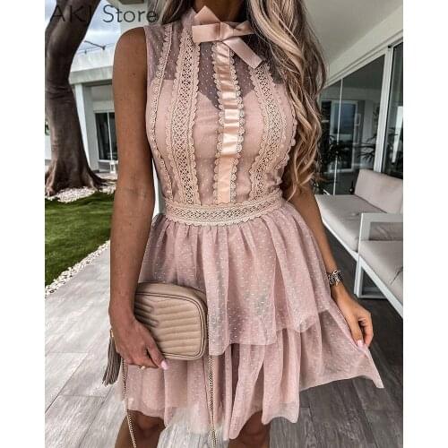 Lace Polka Dot Mesh Patchwork Dress Women Casual Sleeveless Bowknot Collar Slim Waist A-Line Dress