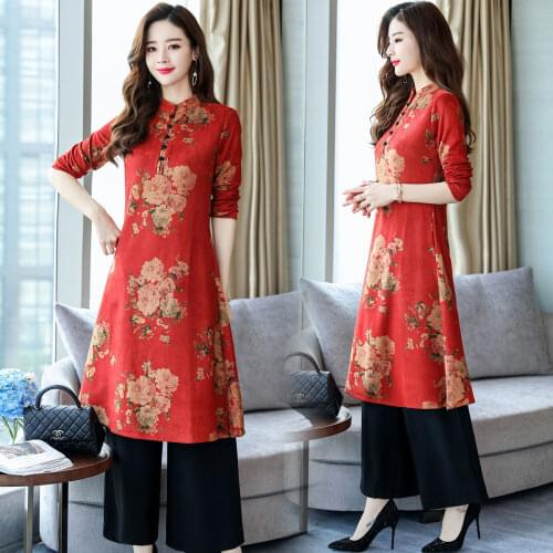 2021Ethnic womens clothing 2018 autumn new slimming retro improved cheongsam dress pants set two-piece suit