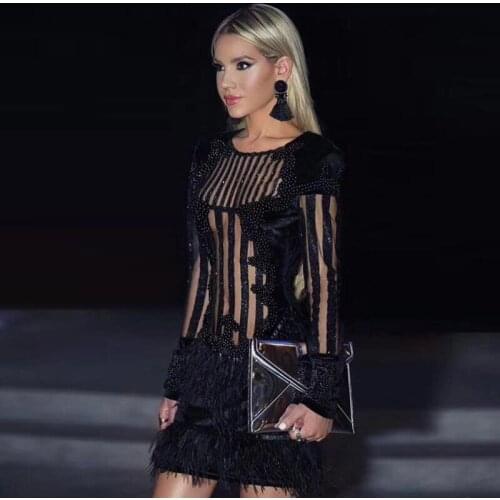 Fashion Celebrity Black Gold Solid Long Sleeve Fur Mini Women Dress Popular Night Party Dress
