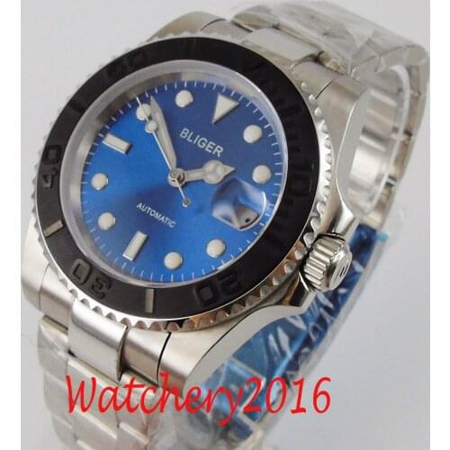 BLIGER 40mm blue dial luminous hands Sapphire Glass full stainless steel NH35 automatic movement Mens Watch