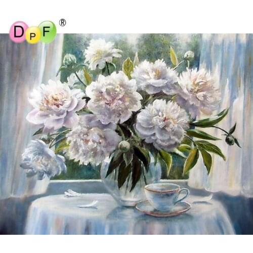 DPF DIY Diamond Embroidered White peony vase Pattern round Diamond Painting Rhinestone Picture Diamond Mosaic art Cross Stitch