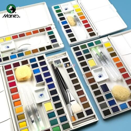 Maries Watercolor Paint Set Professional 48 Half Pans,Paint Brushes Premium Artist Quality High Pigment,Set of 48 + Accessories
