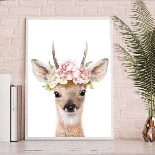 Deer Print Nursery Wall Art Decor Animal Pink Flowers Watercolor Art Canvas Painting Pictures Fawn Poster Baby Room Decoration