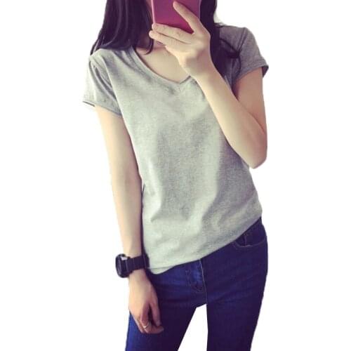 2017 New Summer Style Women T Shirt Tees Casual V Neck Short Sleeve Tops Lady Solid All Match Bottoming T shirts Clothing AB016