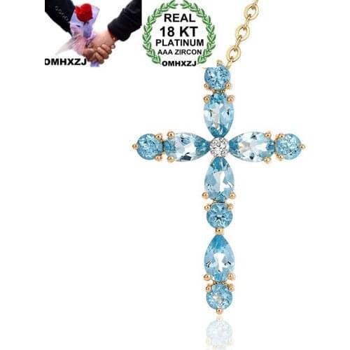 OMHXZJ Wholesale European Fashion Woman Girl Party Wedding Gift Cross Sea Blue Topaz 18KT Yellow Gold Pendant Necklace NA173
