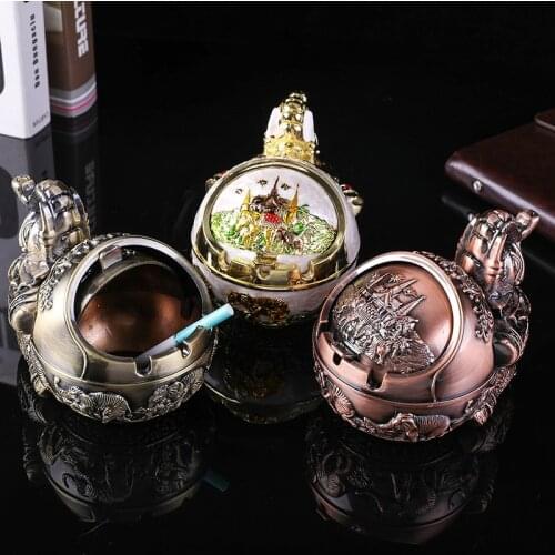 Retro Cigarette Ashtray Ash tray with Lid Windproof Smoking Ashtray Elephant Embossed Home Hotel Office Desktop Deocration Gift