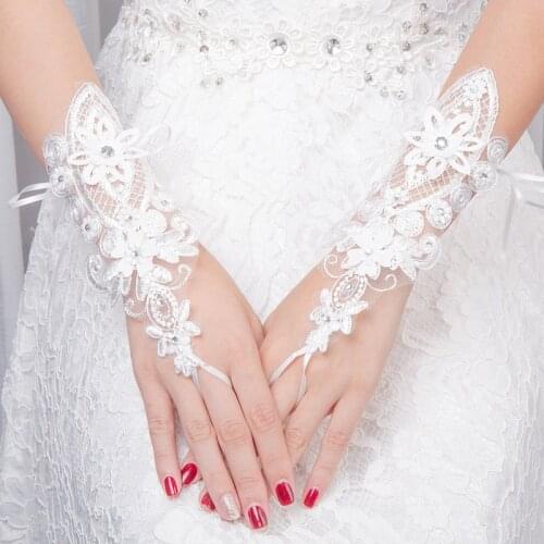 Beauty girl gloves master of ceremonies gown white short style gloves lace diamond trim ceremonial gloves