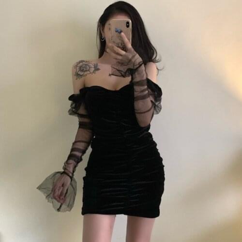 WOMENGAGA Long Sleeve Mini Dress Strap Ruffle Mesh Lace 2021 Spring Summer Nightclub Sexy Black Slim Korean Women Dresses N2P