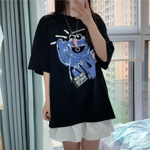 Harajuku Shirt Hand-Painted Graffiti Cartoon Animal Kawaii T-Shirt For Girls Sweet Korean Clothes Aesthetic Female Summer Top