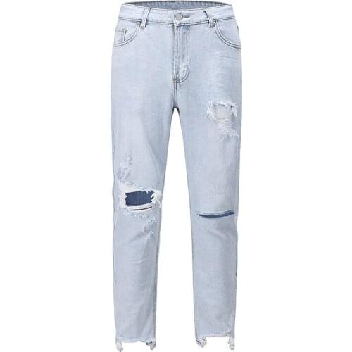 Hole Frayed Distressed Irregular Feet Jean for Men and Women Straight Washed Light Blue Denim Trousers Hip Hop Casual Jeans Pant