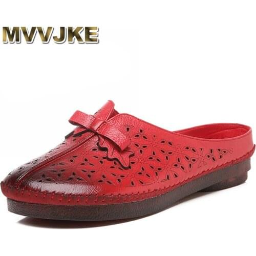 MVVJKE Handmade 2019 Summer New National Style Genuine Leather Ladies Slippers Hollow Breathable Butterfly-knot Womens Shoes