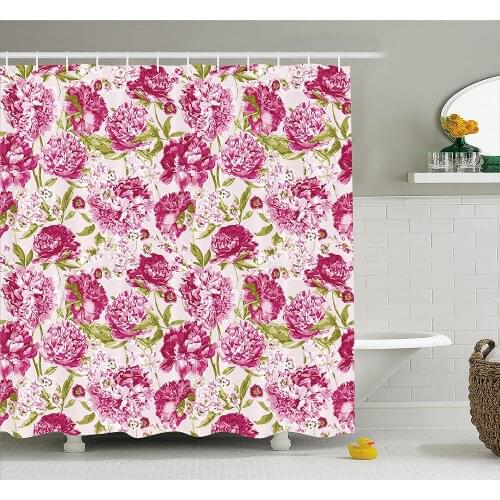 Flowers Shower Curtain Floral Theme Vintage Pink Peonies and Leaves Spring Nature Pattern Bathroom Waterproof Curtains