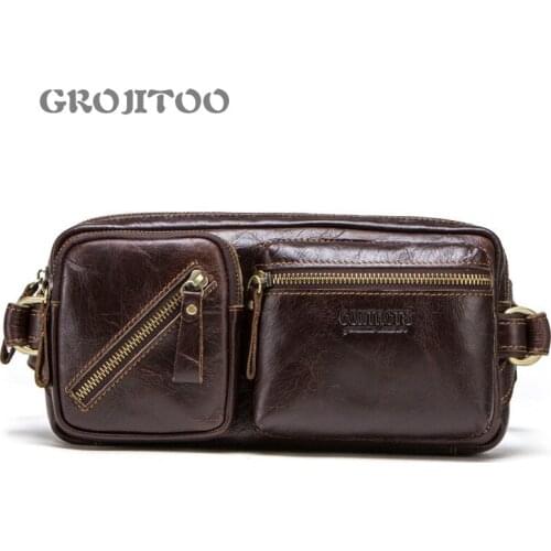 GROJITOO first layer cowhide multi-functional mens running bag leather shoulder messenger bag mobile phone male waist bag