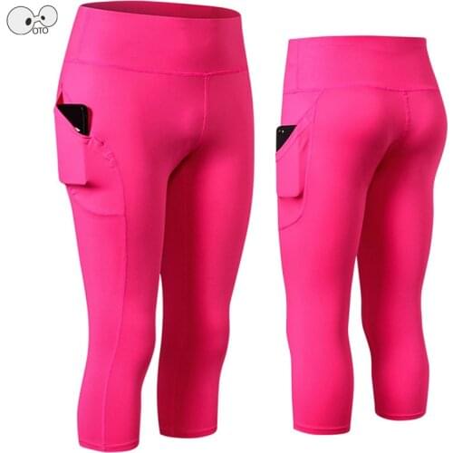 High Waist Push Up Women Running Tights with Pocket Capri Yoga Leggings Stretchy Quick Dry Workout Gym Fitness Cropped 3/4 Pants
