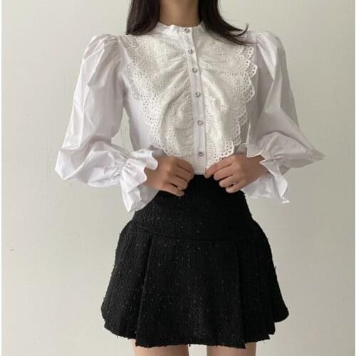 Spring Hollow Patchwork Lace Blouse Women Korean Long Puff Sleeve Lace Ladies Shirt Solid Palace Style Button New Tops 13272