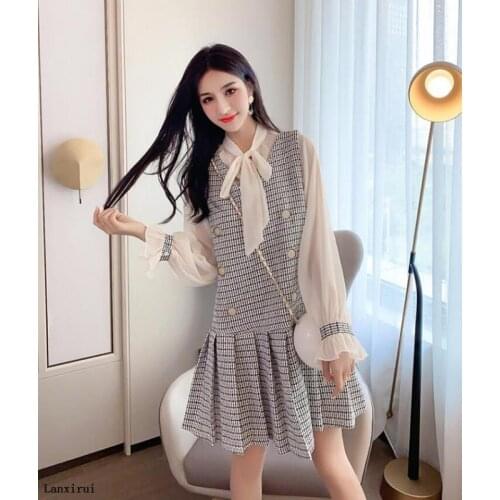 Autumn Flare Sleeve Chiffon Blouse Fashion Wool Vest Dresses 2piece Set Women Plaid Elegant Bow Preppy Style Outfit Woman
