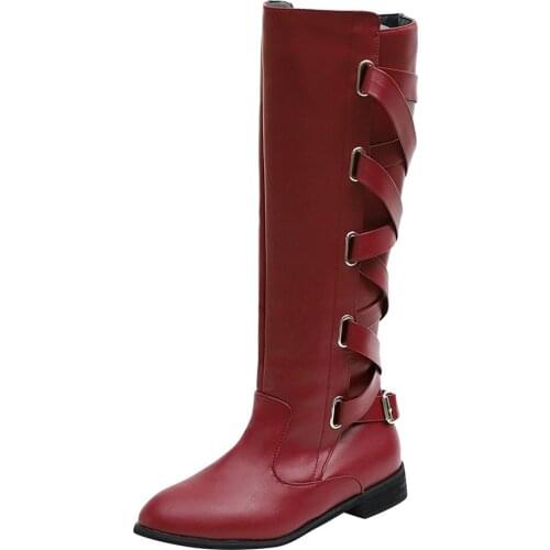 Womens Knee High Boots Winter Cross Strap red leather Long Booties Cowboy Warm Punk Classic Style Women Shoes Plus size 43