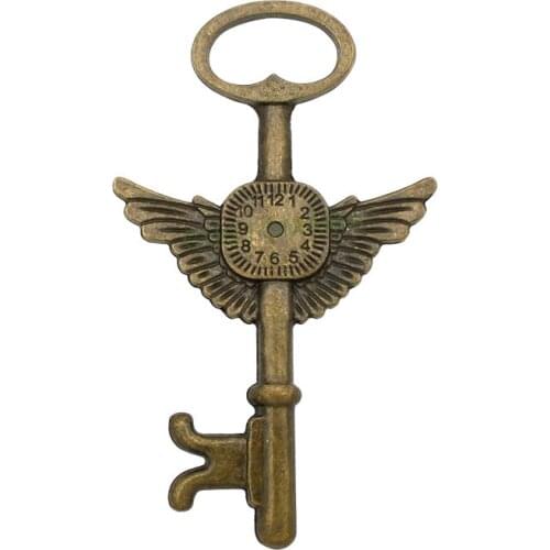 10pcs-Key Charms, Antique Bronze Time Machine Clock Wings Key Charm Pendant 75x44mm