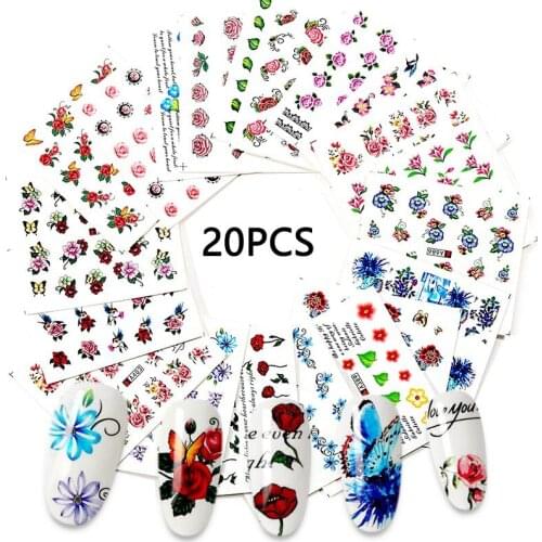 20Designs Spring Theme Geometric Flower Leaves Nail Stickers Set Face Image Butterfly Fruit Decals Sliders Manicures Decoration