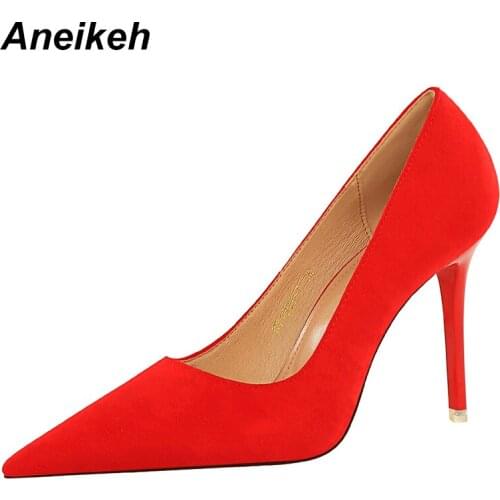 Aneikeh Spring 2021 Women Shoes Fashion Pointed Toe Pumps Stiletto Heels Sexy Shallow Slip-On Solid Dress Basic Red Size 34-43