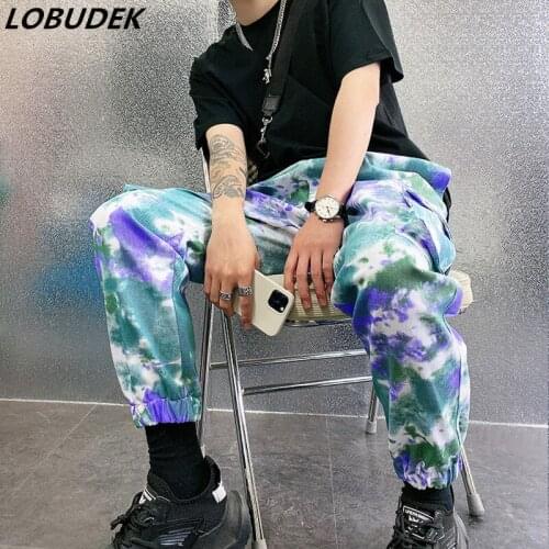 Spring Autumn Mens Camouflage Pockets Pants Hip Hop Style Tie-dyed Loose Casual Trousers Male Rock Dancer Stage Cargo Pants
