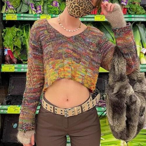 Dourbesty Women Vintage Knitted Pullovers Y2K Fairy Grunge Long Sleeve V Neck Cropped Sweaters Autumn Harajuku Korean Style Coat