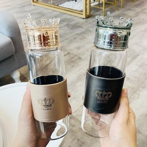 JOYLIVE 300ml Creative Crown Anti-scalding Glass Water Bottle Student Lemon Juice Kettle Couple Travel Sport Flask 2021